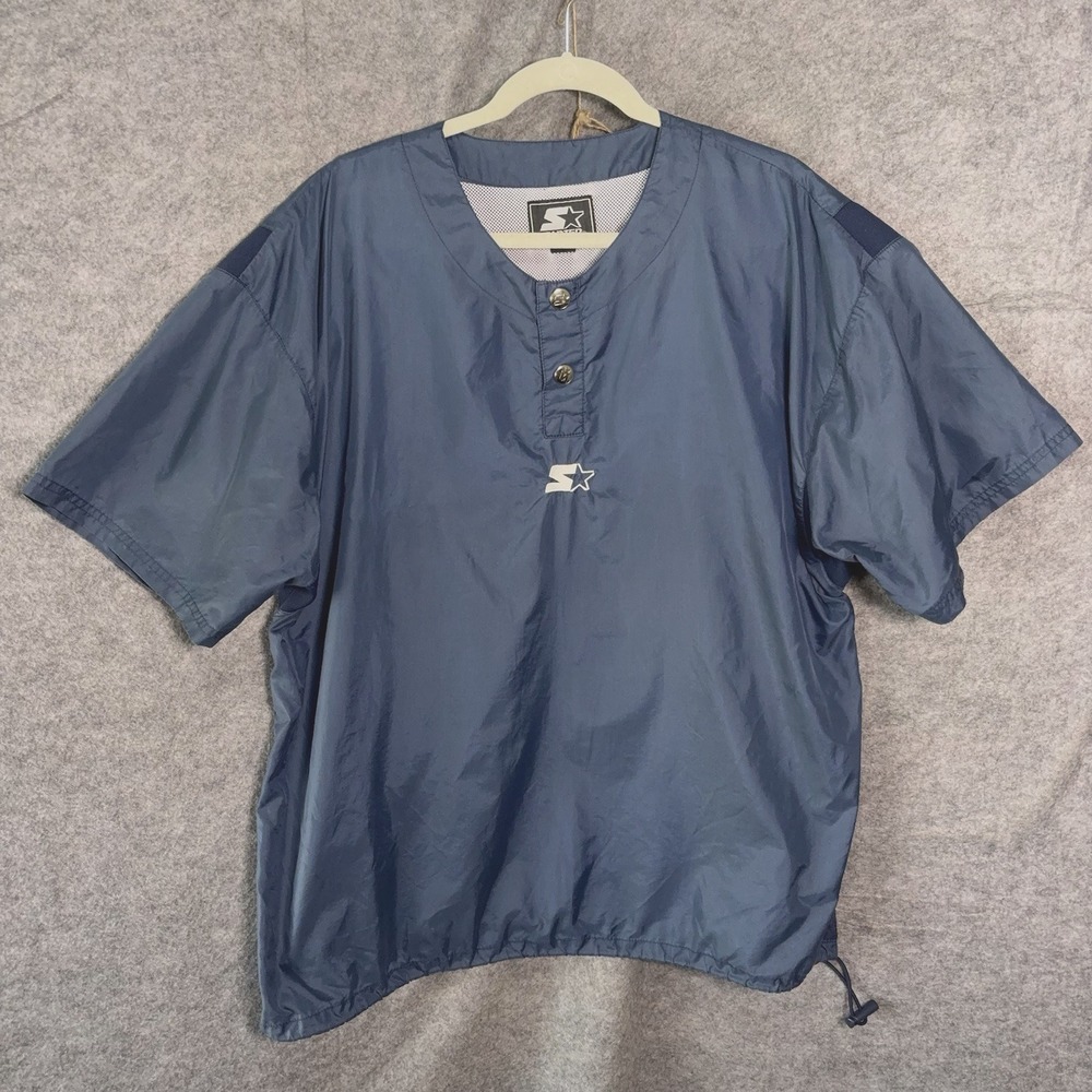 Vtg Starter Windbreaker Shirt Men Sz L Blue Pullover Lined Cinch Waist Logo